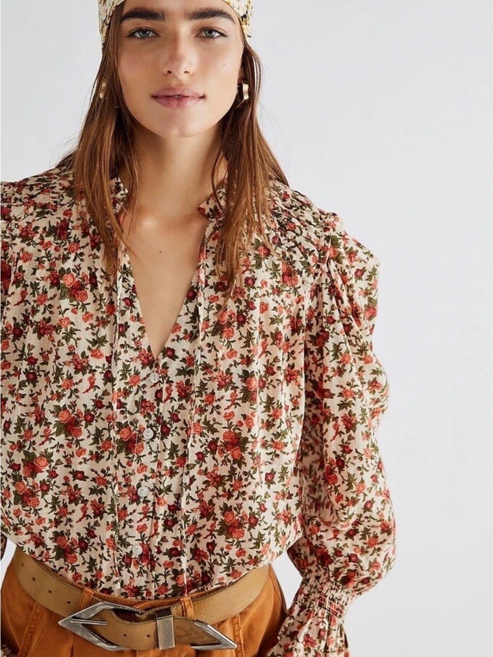 Medium Free People Blouse Floral Tie-Neck Puff Sleeve